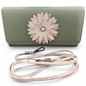 Coco + Carmen Daisy Vegan Light Green Vegan Leather Trifold Crossbody Wallet
